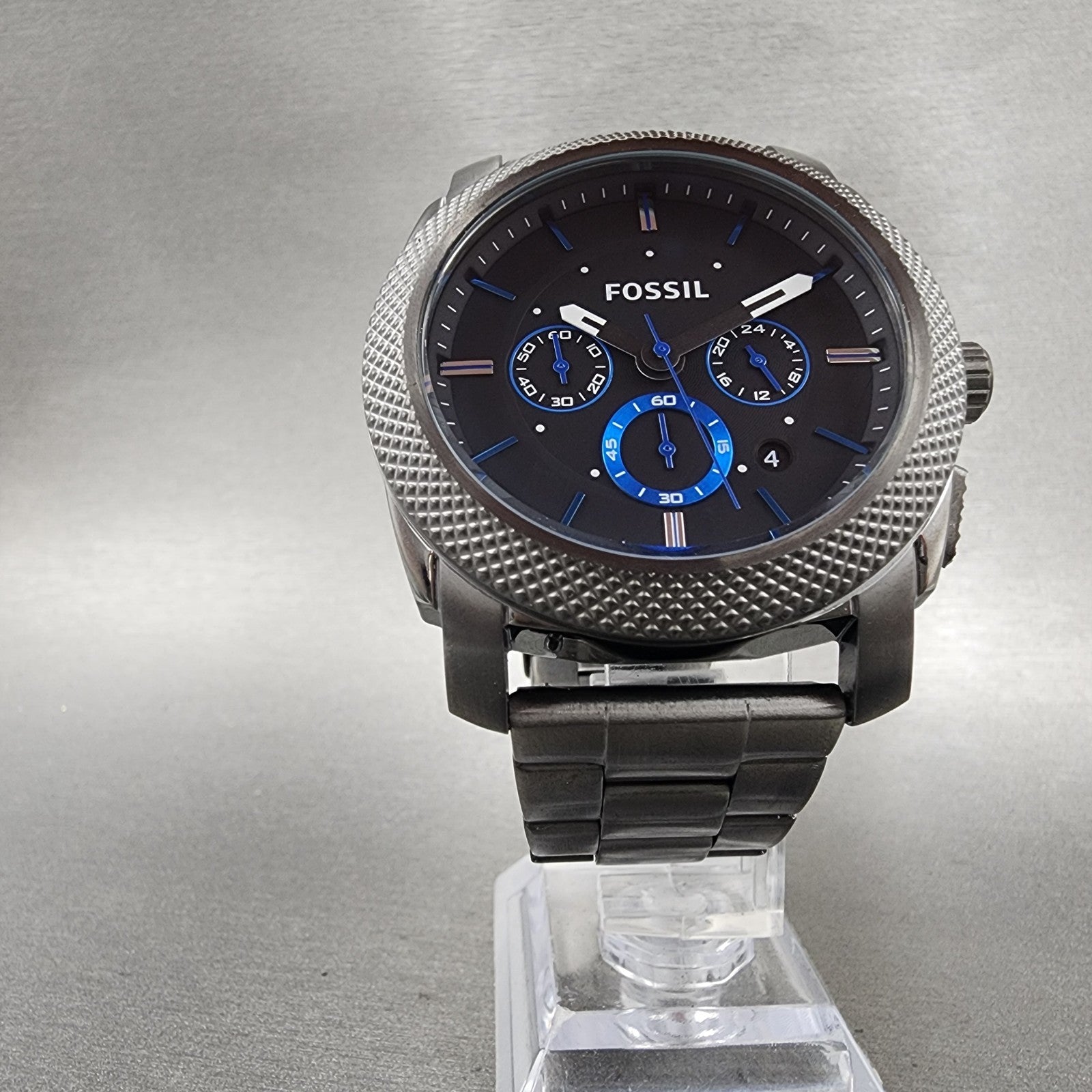 Fossil Machine Chronograph Watch Men 45mm Black Dial Gray Tone Date New Battery5