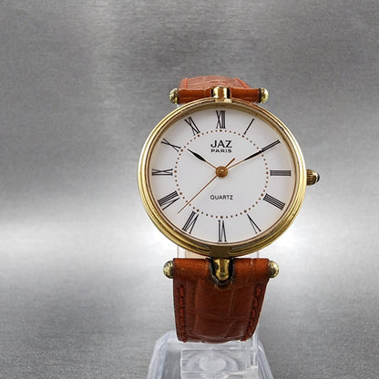 Jaz Paris Watch Women 30mm White Dial Gold Tone Round Leather Band New Battery5