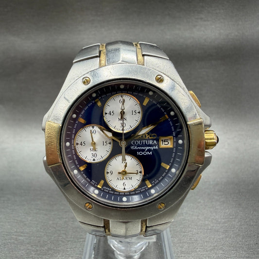 Seiko Couture Chronograph Watch Men 40mm Blue Dial Two Tone 7T62-0FA0 New Batt0