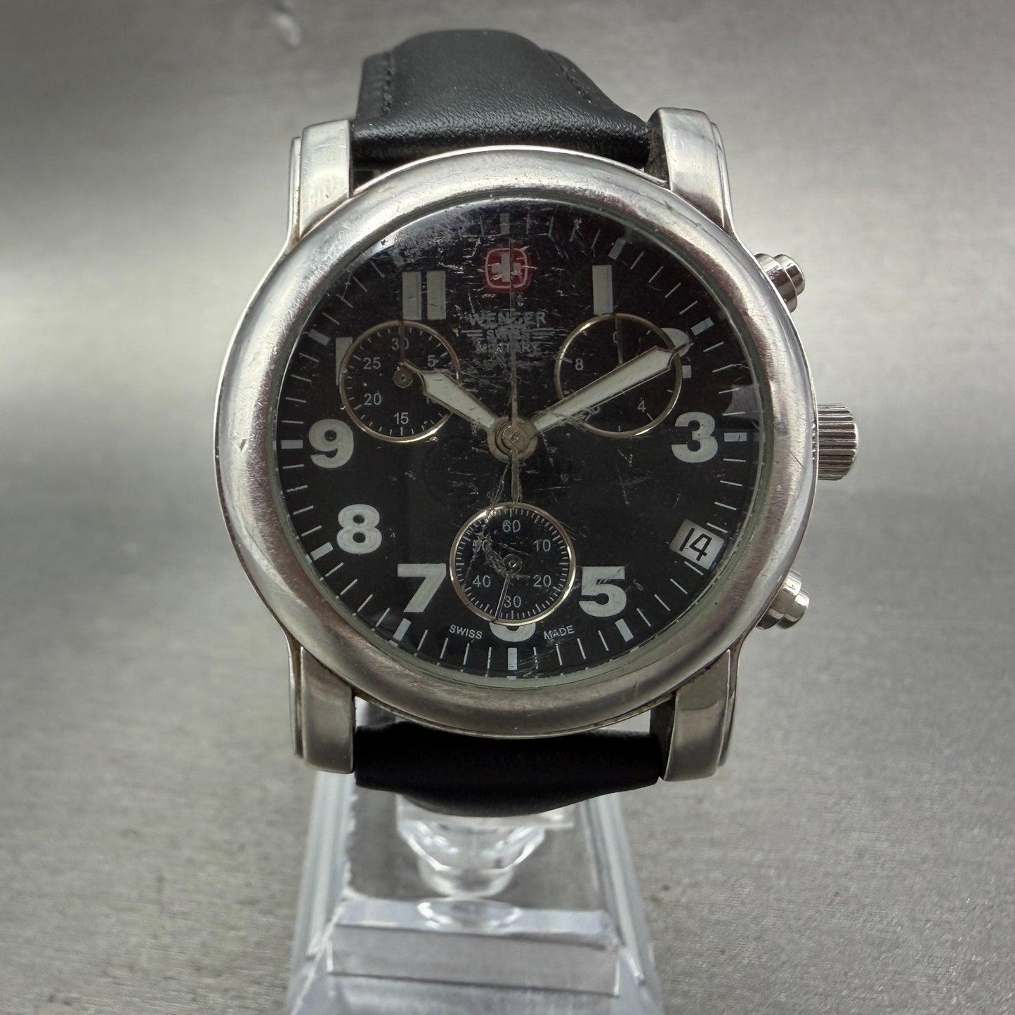 Wenger Swiss Military Chronograph Watch Men 38mm Black Dial Steel New Battery0