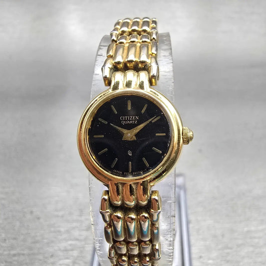 Citizen CQ Watch Women 16mm Black Dial Gold Tone Round 2250-242840 New Battery0