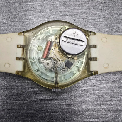 Swatch Gent AT SCHOOL Watch Men White Dial Clear Case Round GE167 New Battery10
