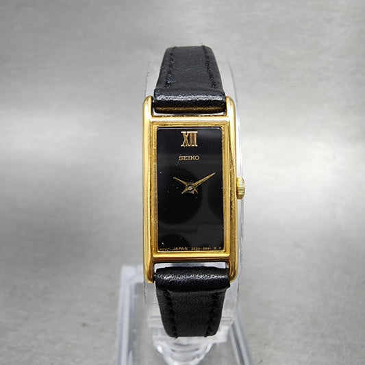 Seiko Tank Watch Women 13mm Black Dial Gold Tone Rectangle 2e206129 New Battery0