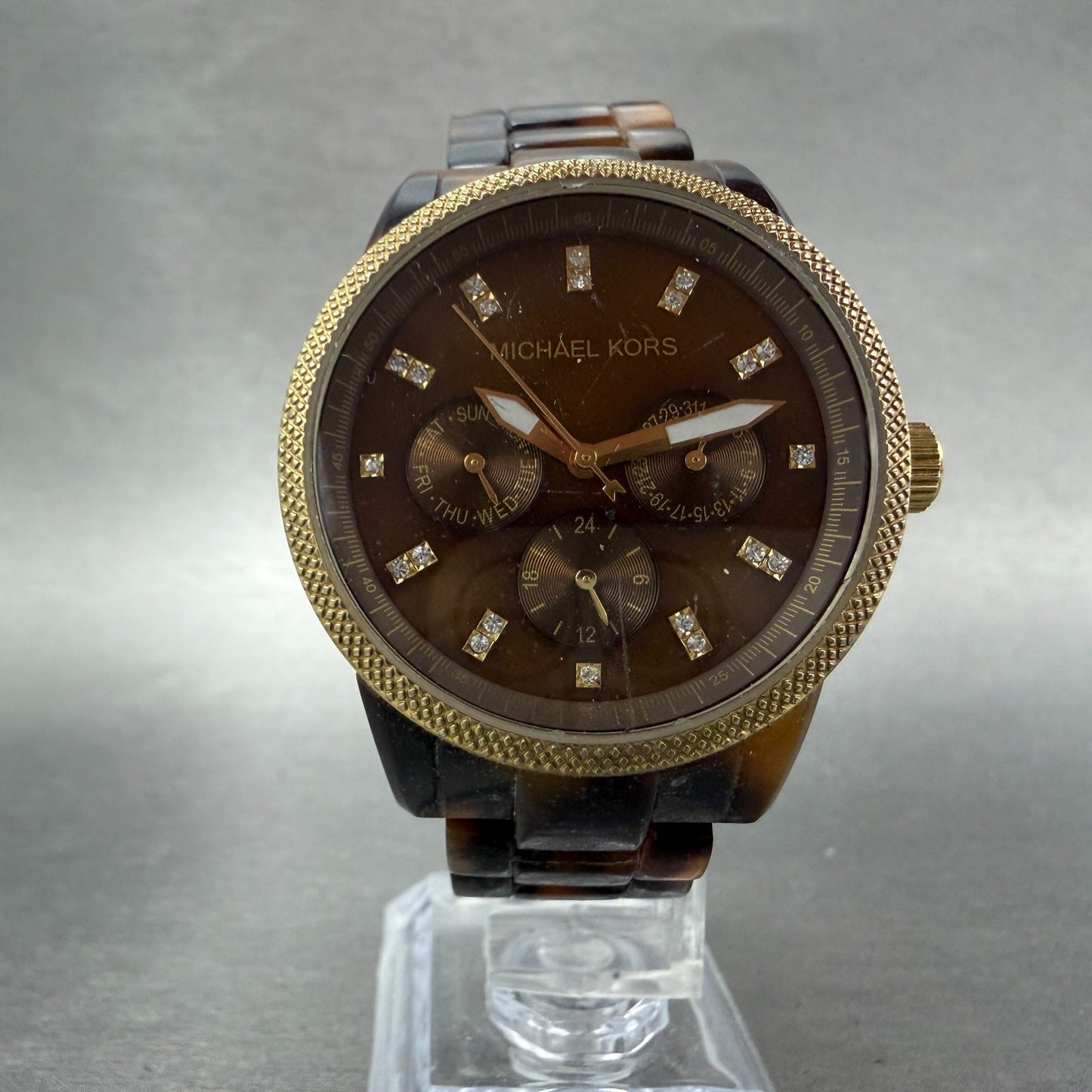 Michael Kors Watch Women 37mm Brown Dial Gold Tone Tortas Daydate New Battery 7T5