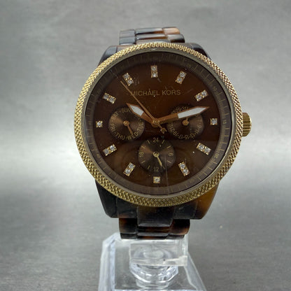 Michael Kors Watch Women 37mm Brown Dial Gold Tone Tortas Daydate New Battery 7T5