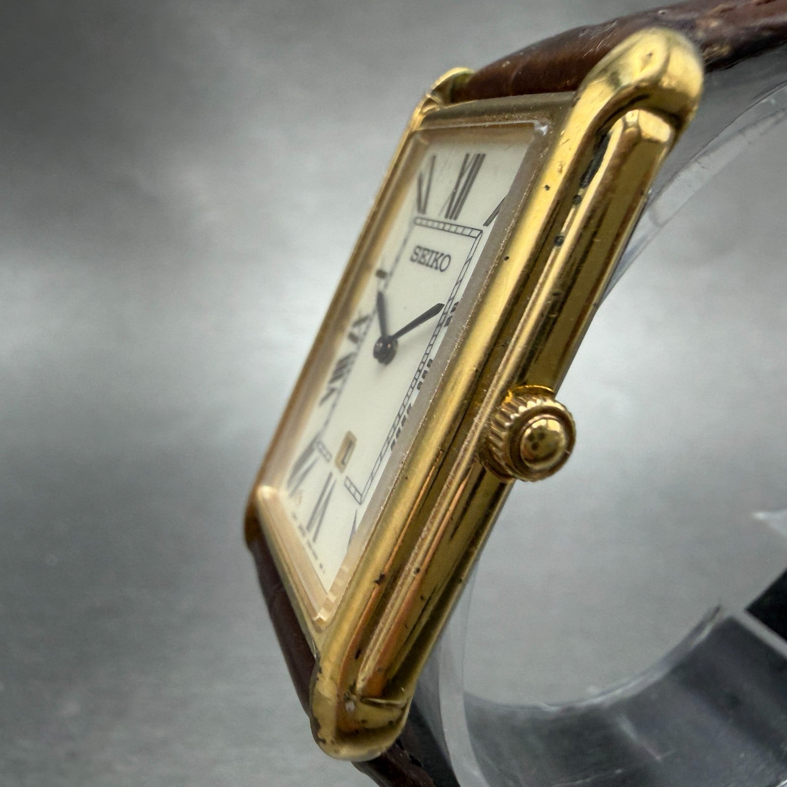 Seiko Tank Watch Men 26mm White Dial Gold Tone Date 7N89-0AD0 New Battery VTG2