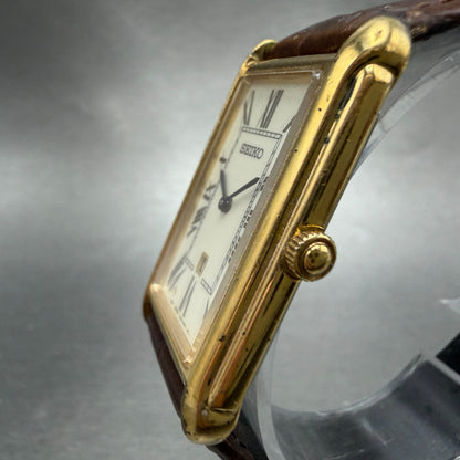 Seiko Tank Watch Men 26mm White Dial Gold Tone Date 7N89-0AD0 New Battery VTG2