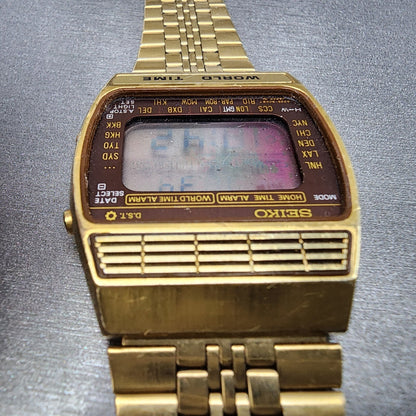 Seiko Digital World Time Watch Men 34mm Gray Dial Gold Tone A2395020 READ!!!!4