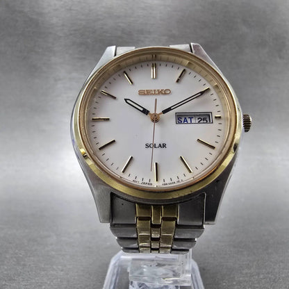 Seiko Solar Watch Men 37mm White Dial Two Tone Daydate READ!!!!!! V158-0AA0 Runs5