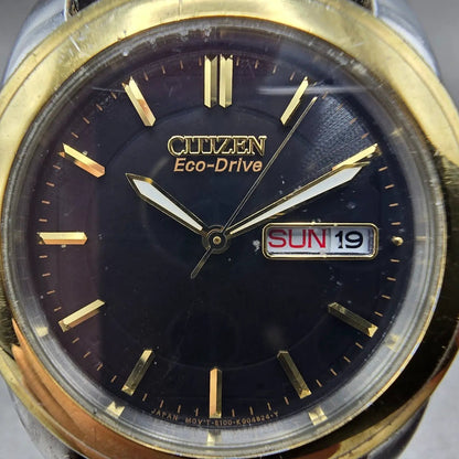 Citizen Eco-Drive Watch Men 35mm Black Dial Two Tone Daydate E101-S056535 Runs1
