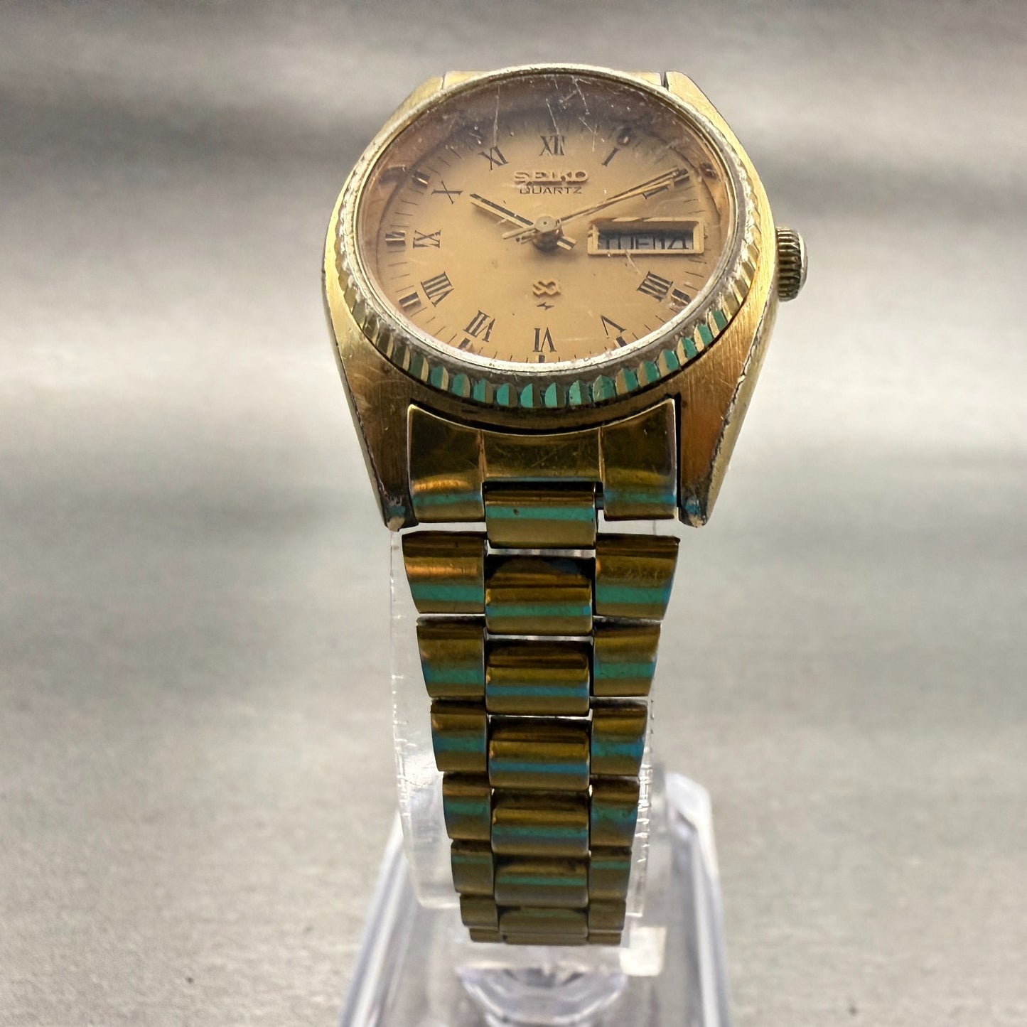 Seiko SQ Watch Women 24mm Gold Dial Gold Tone Daydate Round 2626-0159 New Batt5