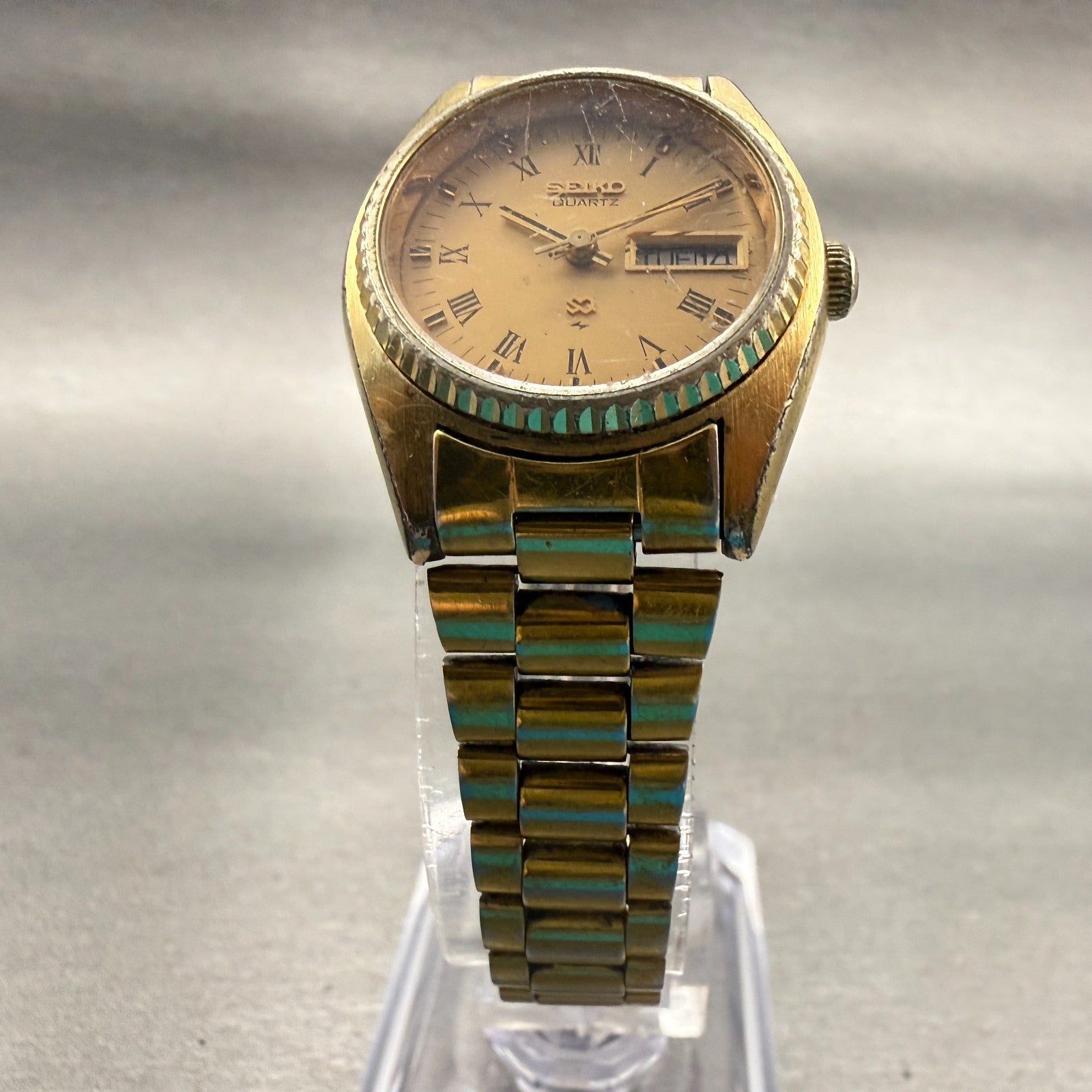 Seiko SQ Watch Women 24mm Gold Dial Gold Tone Daydate Round 2626-0159 New Batt5
