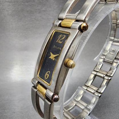 Bulova Watch Women 14mm Black Dial Two Tone Rectangle 98T18 New Battery2