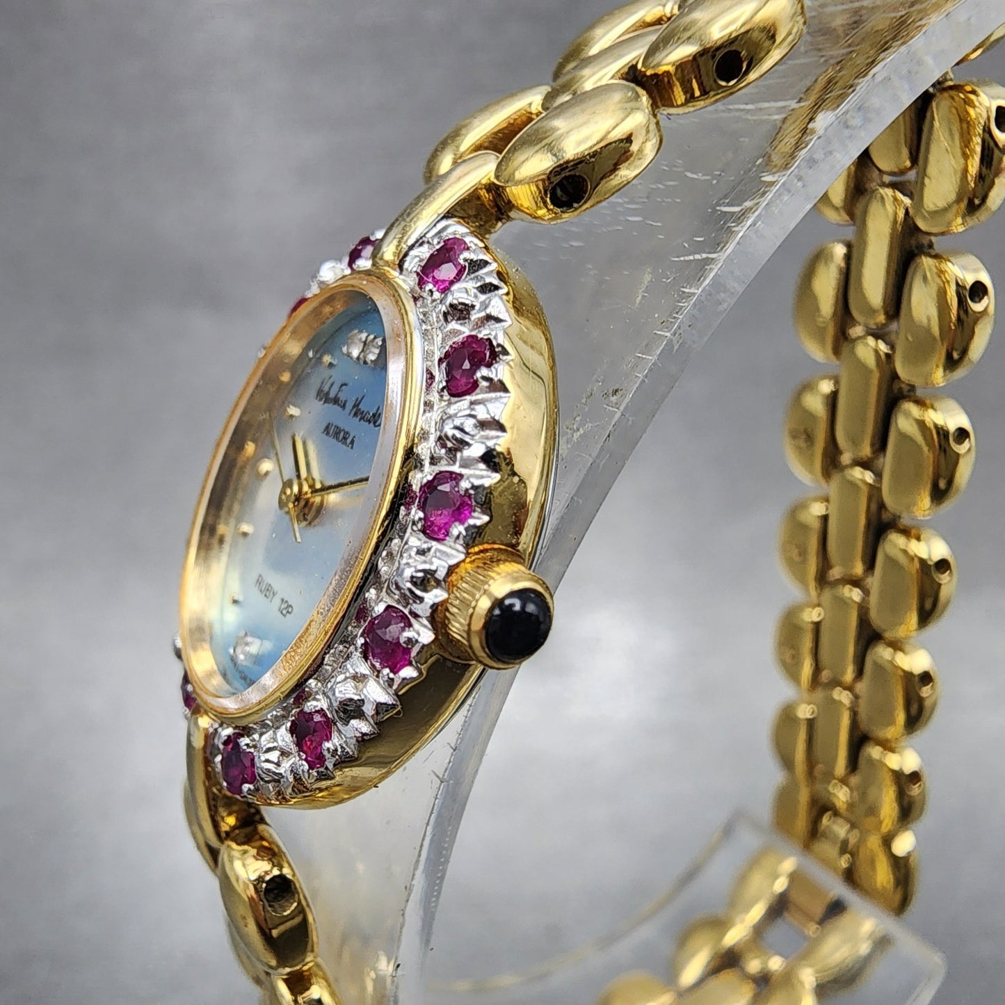 Valentino Moradei Aurora Watch Women 20mm Silver Dial Gold Tone Ruby Bezel Runs2