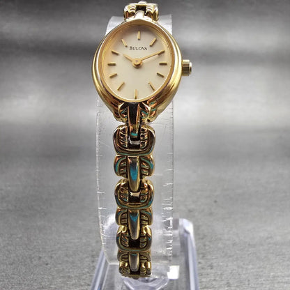Bulova Watch Women 17mm Champagne Dial Gold Tone Oval 97T09 New Battery5