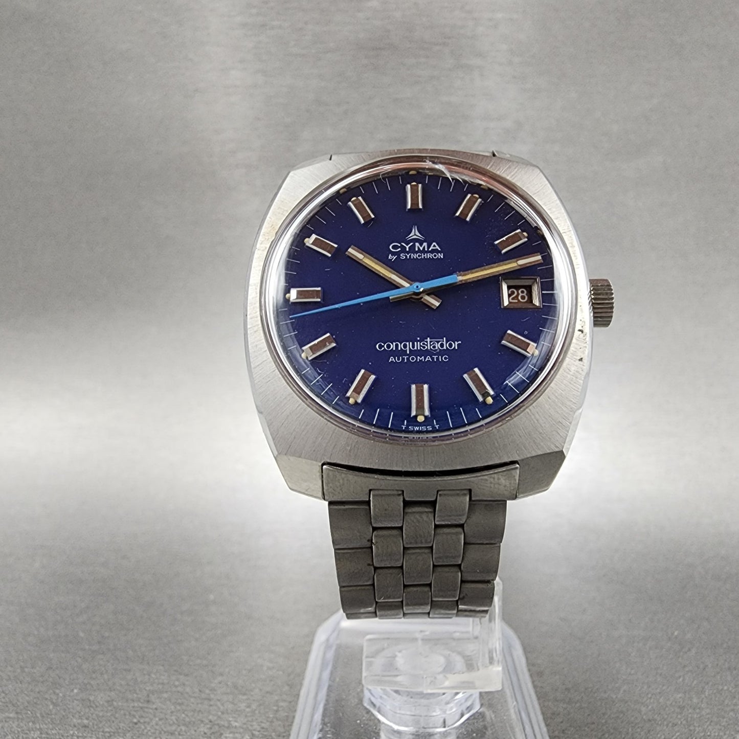 Cyma Conquistador Automatic Watch Men 34mm Blue Dial Steel Date Round Runs