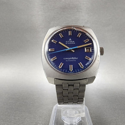 Cyma Conquistador Automatic Watch Men 34mm Blue Dial Steel Date Round Runs