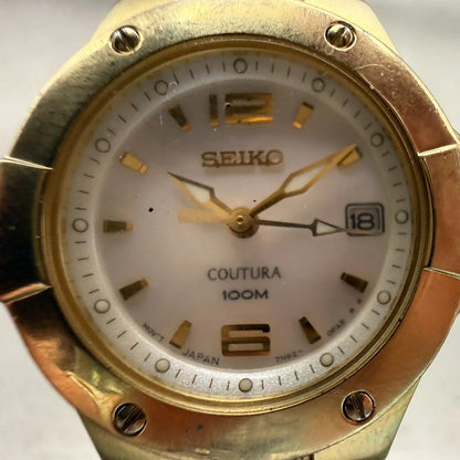 Seiko Coutura Watch Women 26mm MOP Dial Gold Tone Date Round 7N82-0CA0 New Batt1