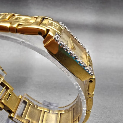 Bulova Watch Women 16mm Gold Dial Gold Tone Rectangle 98R52 New Battery Diamonds3