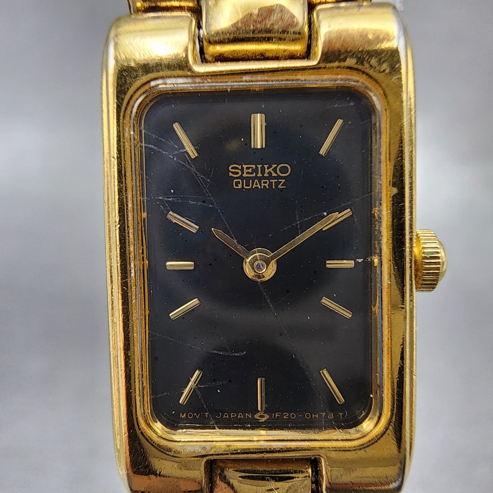 Seiko Tank Watch Women 14mm Black Dial Gold Tone Rectangle 1F205D20 New Battery1