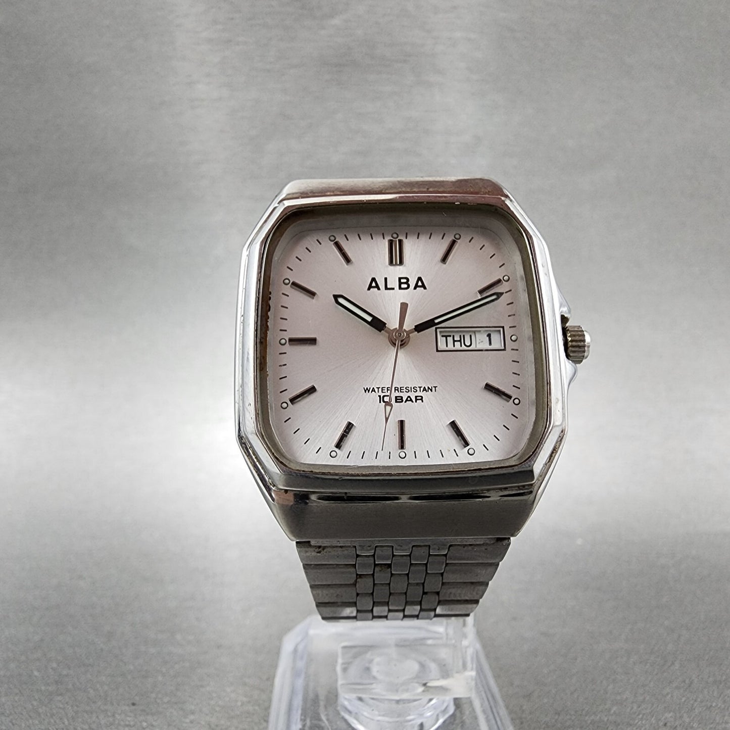 Seiko Alba Watch Men 33mm Silver Dial Silver Tone Daydate 7n33-k003 New Battery