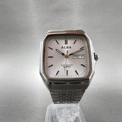 Seiko Alba Watch Men 33mm Silver Dial Silver Tone Daydate 7n33-k003 New Battery