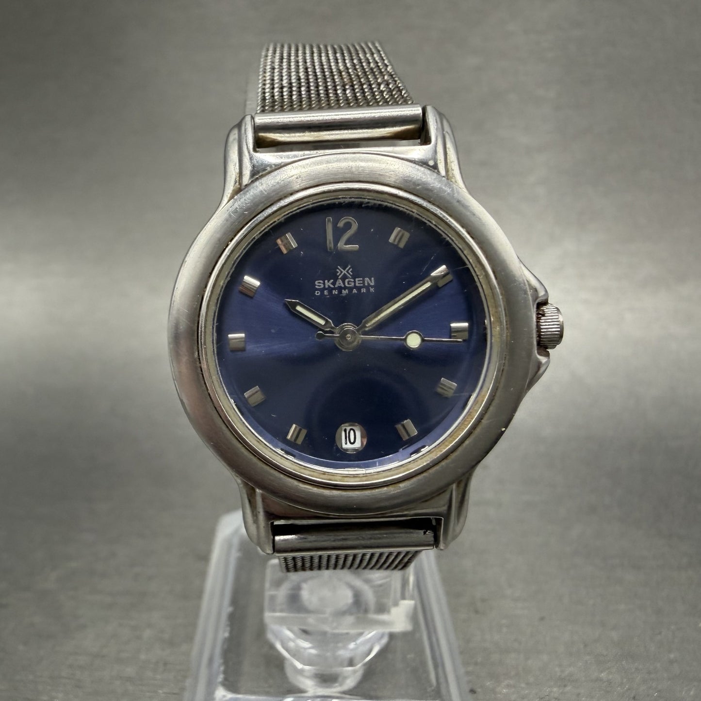 Skagen Watch Women 28mm Blue Dial Silver Tone Date Round 106SSSN New Battery0