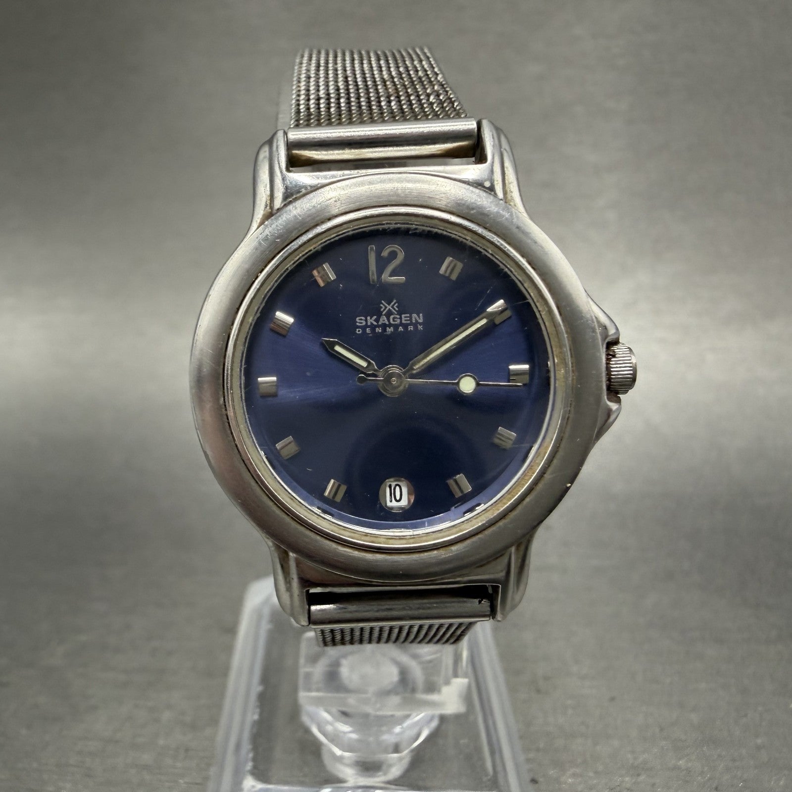 Skagen Watch Women 28mm Blue Dial Silver Tone Date Round 106SSSN New Battery0