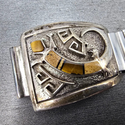 Navajo Sterling Silver Watch Band Tips 17mm Lizard Design Stretch Band VTG3