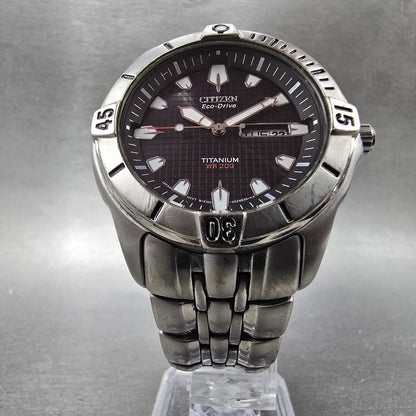 Citizen Eco-Drive Watch Men 42mm Black Dial Titanium Daydate E100-S011922 Runs5