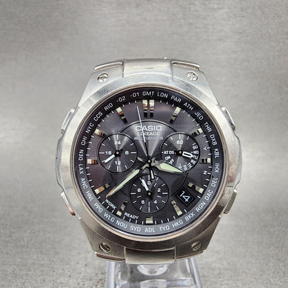 Casio Lineage Chronograph Watch Men 42mm Black Dial Steel Date Atomic Runs0