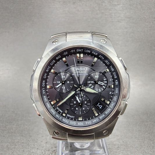 Casio Lineage Chronograph Watch Men 42mm Black Dial Steel Date Atomic Runs0