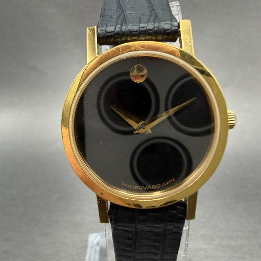 Movado Museum Watch Women 25mm Black Dial Gold Tone Round 87.A1.832.1 New Batt0