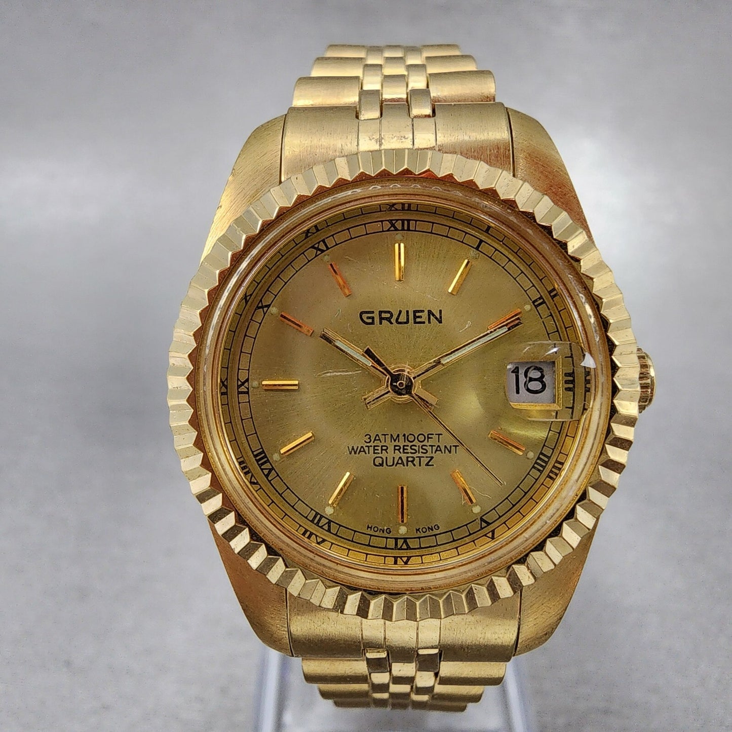 Gruen President Watch Women 26mm Gold Dial Gold Tone Date Round New Battery1