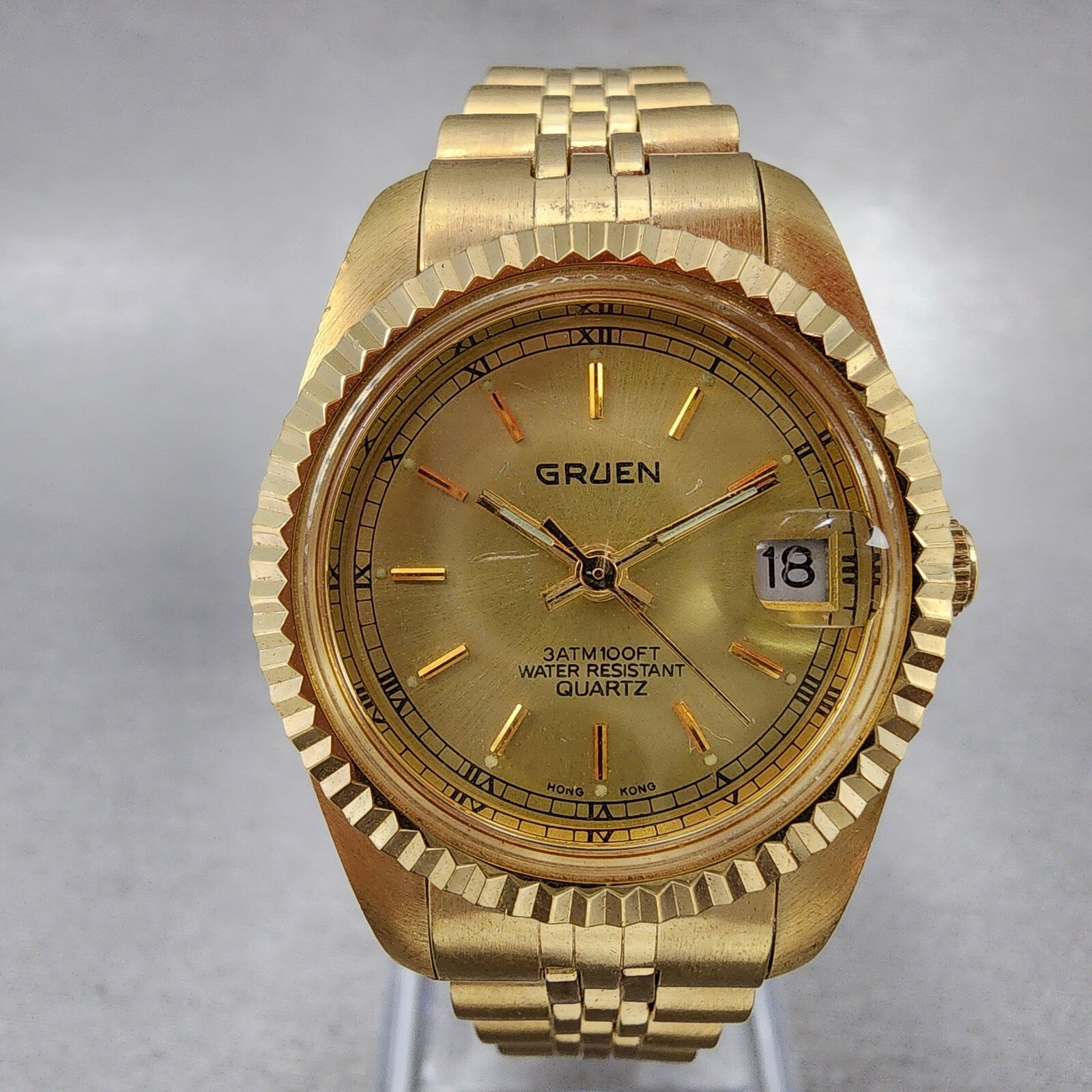 Gruen President Watch Women 26mm Gold Dial Gold Tone Date Round New Battery1