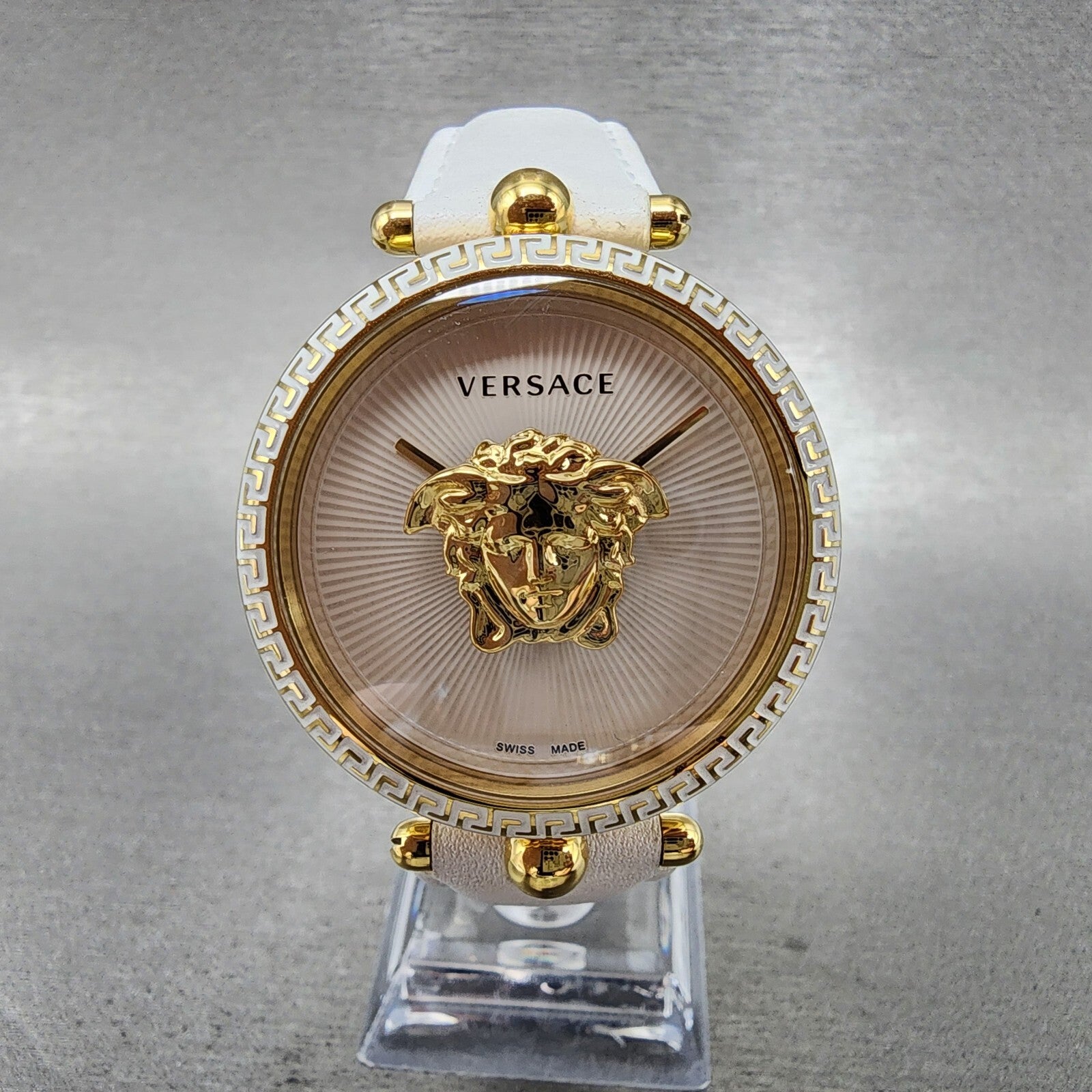 Versace Palazzo Watch Women 39mm White Dial Gold Tone Round Leather Band New Bat0