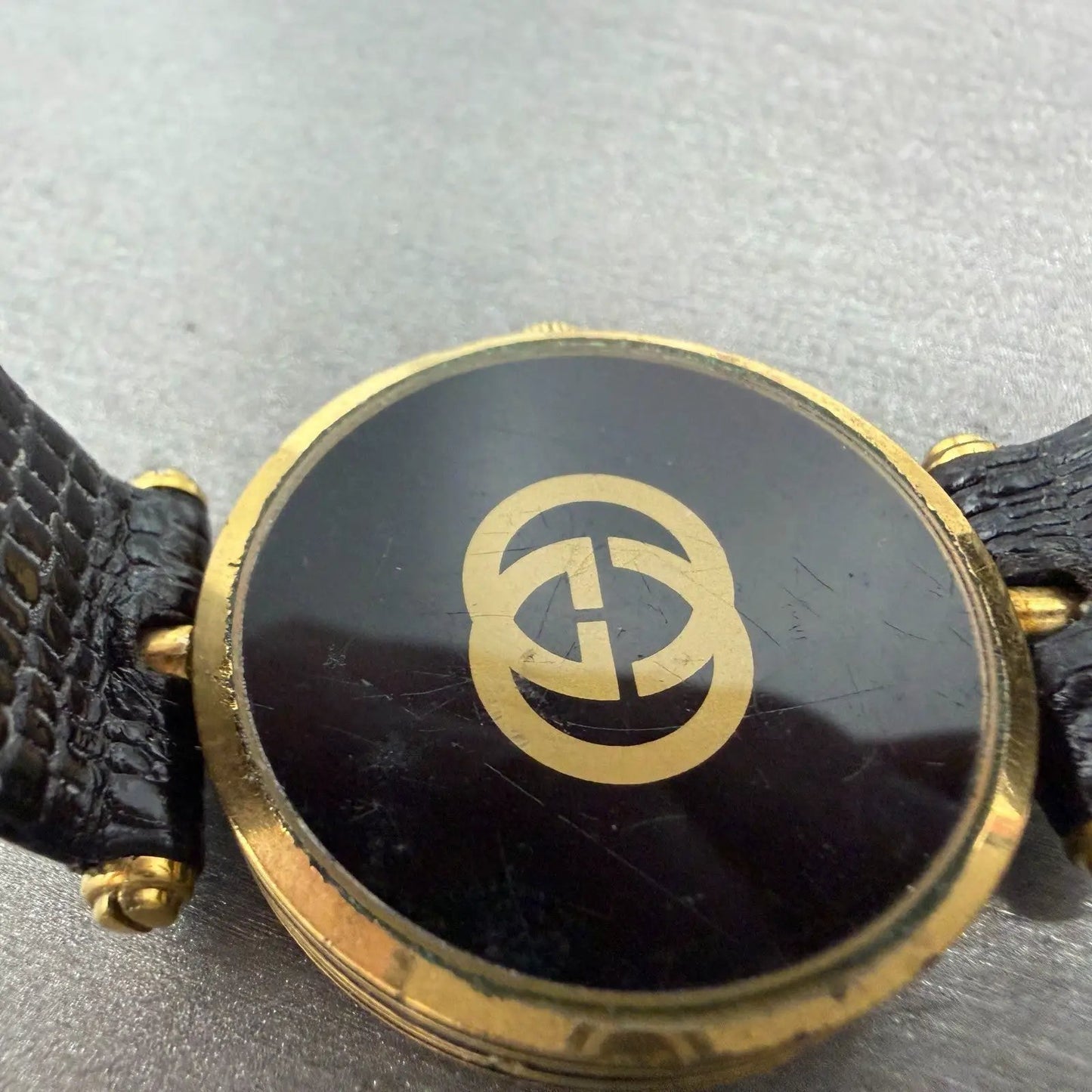 Gucci 2000M Watch Men 30mm Black Dial Gold Plated Leather Round New Battery VTG29