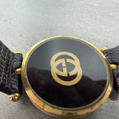 Gucci 2000M Watch Men 30mm Black Dial Gold Plated Leather Round New Battery VTG29