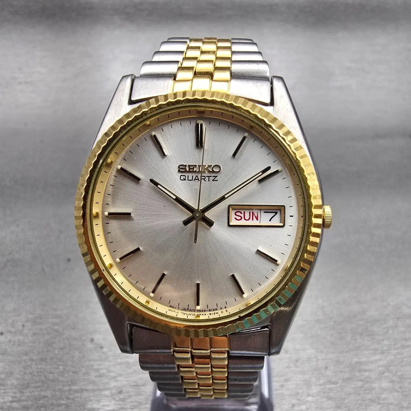Seiko President Watch Men 35mm Silver Dial Two Tone Daydate 7N43-8111 New Batt0