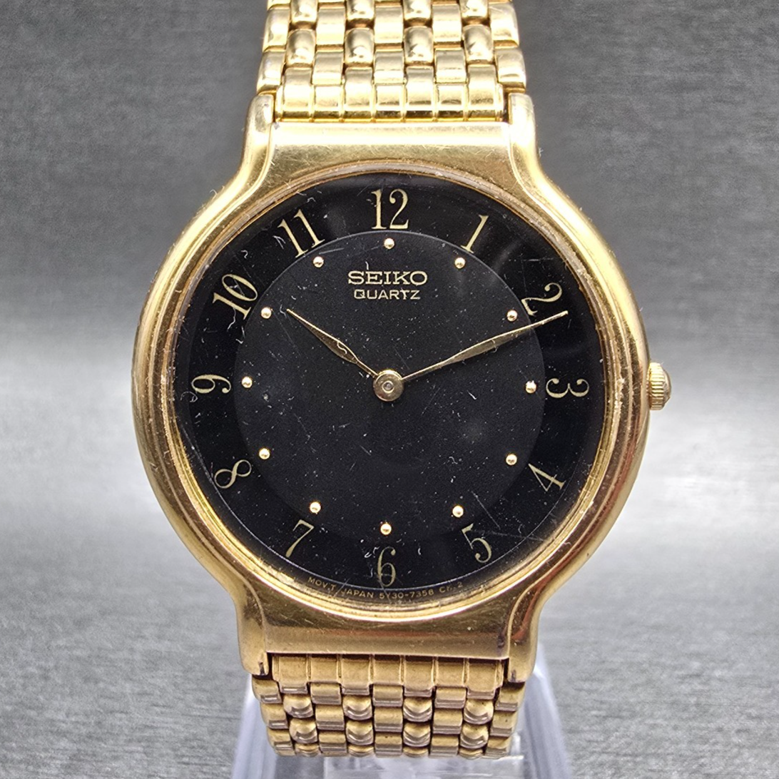 Seiko Watch Men 33mm Black Dial Gold Tone Round 5Y30-7029 New Battery Vintage0