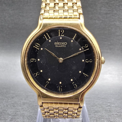 Seiko Watch Men 33mm Black Dial Gold Tone Round 5Y30-7029 New Battery Vintage0