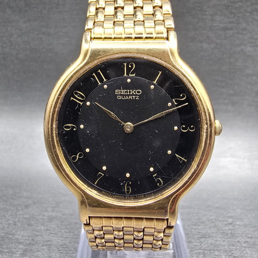 Seiko Watch Men 33mm Black Dial Gold Tone Round 5Y30-7029 New Battery Vintage0
