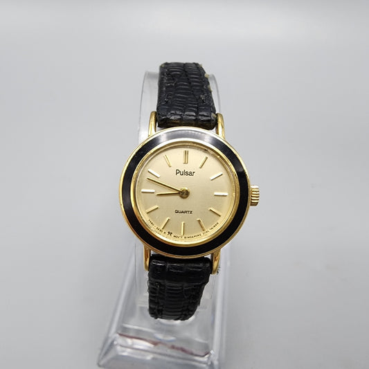 VTG Pulsar Watch Women Gold Tone Round 22mm Leather Band Y480-0540 New Battery