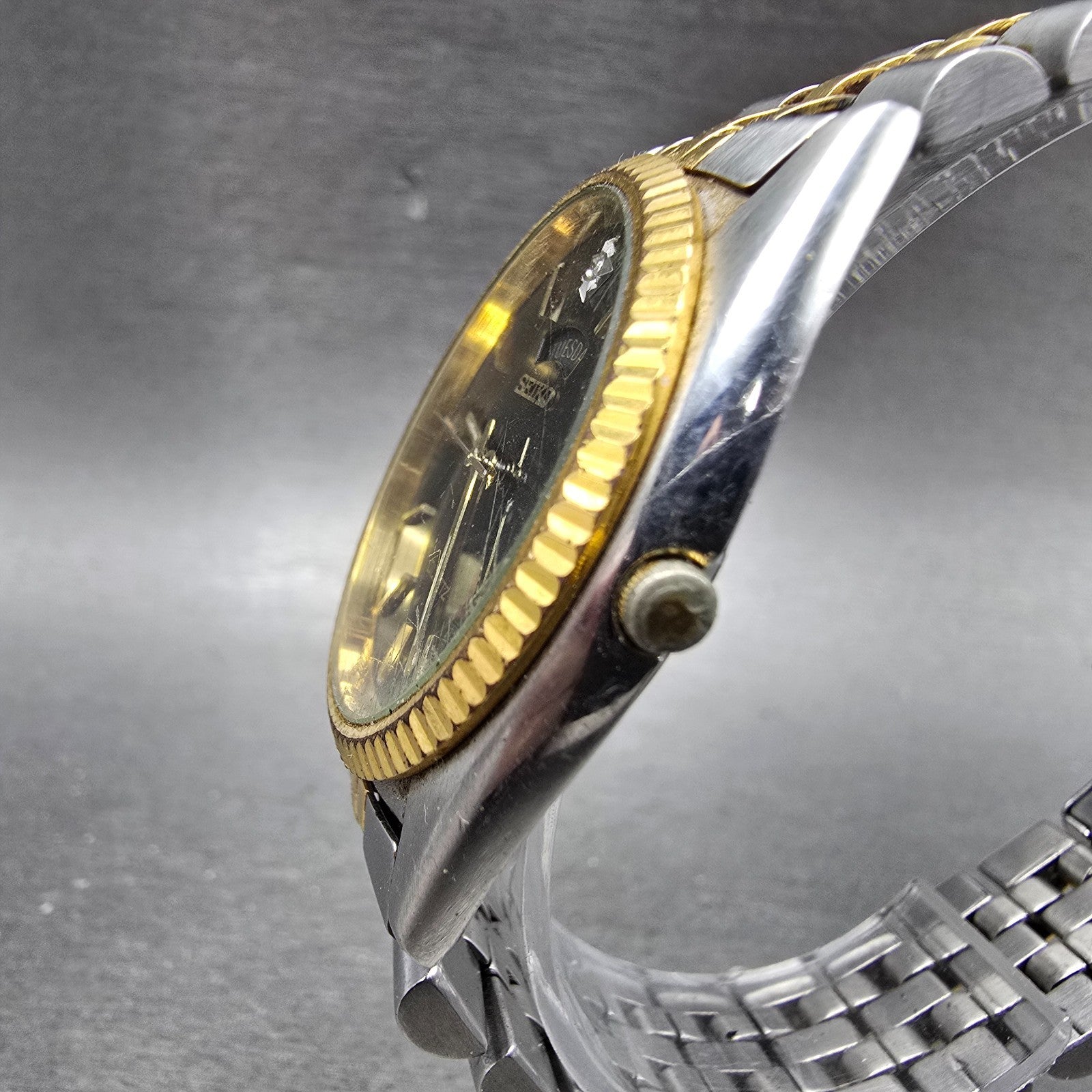 Seiko President Watch Men 36mm Black Dial Two Tone Daydate 7n43-8111 PARTS VTG3