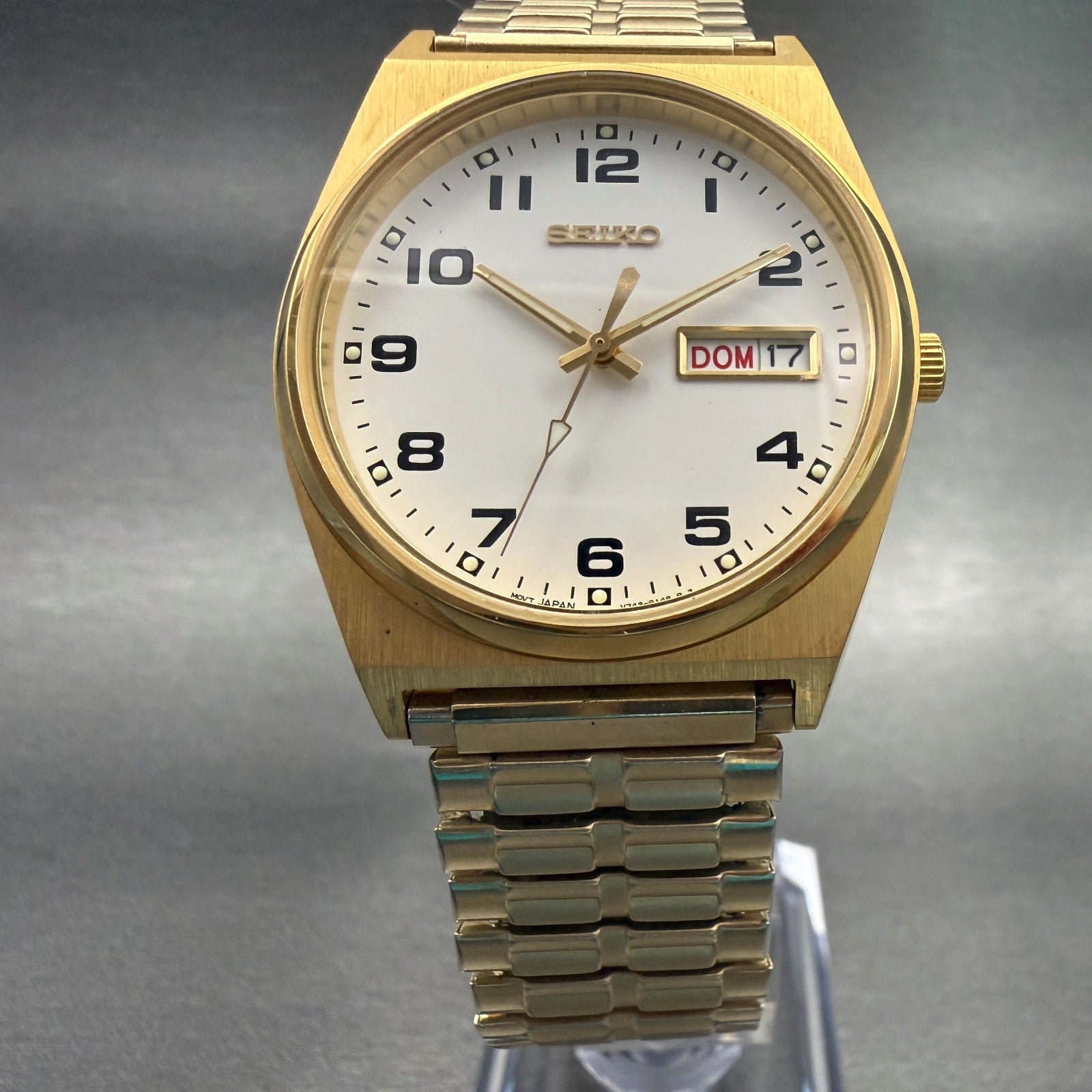 Seiko Watch Men 35mm White Dial Gold Tone Daydate Round V743-9029 New Battery5