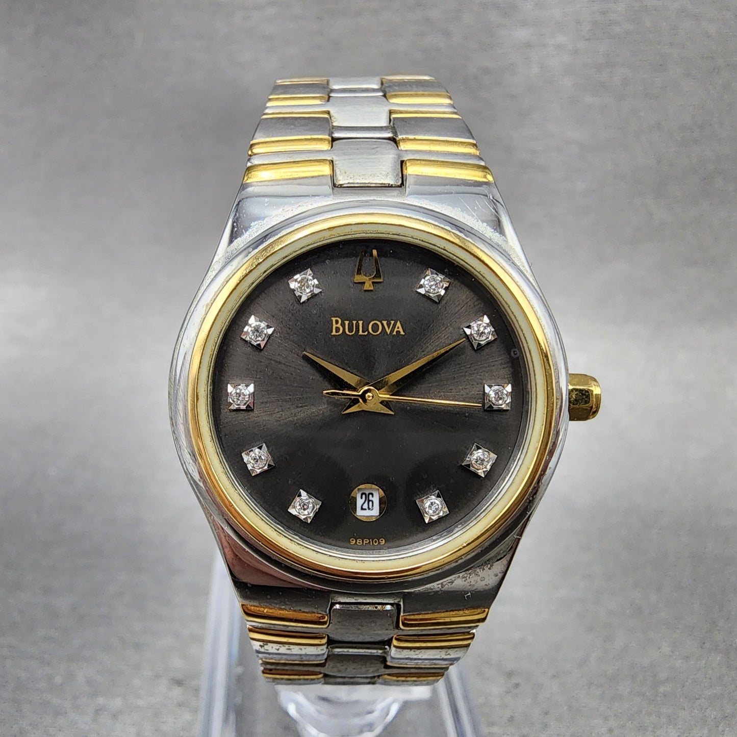 Bulova Watch Women 26mm Black Dial Two Tone Date Round 98P109 New Battery0