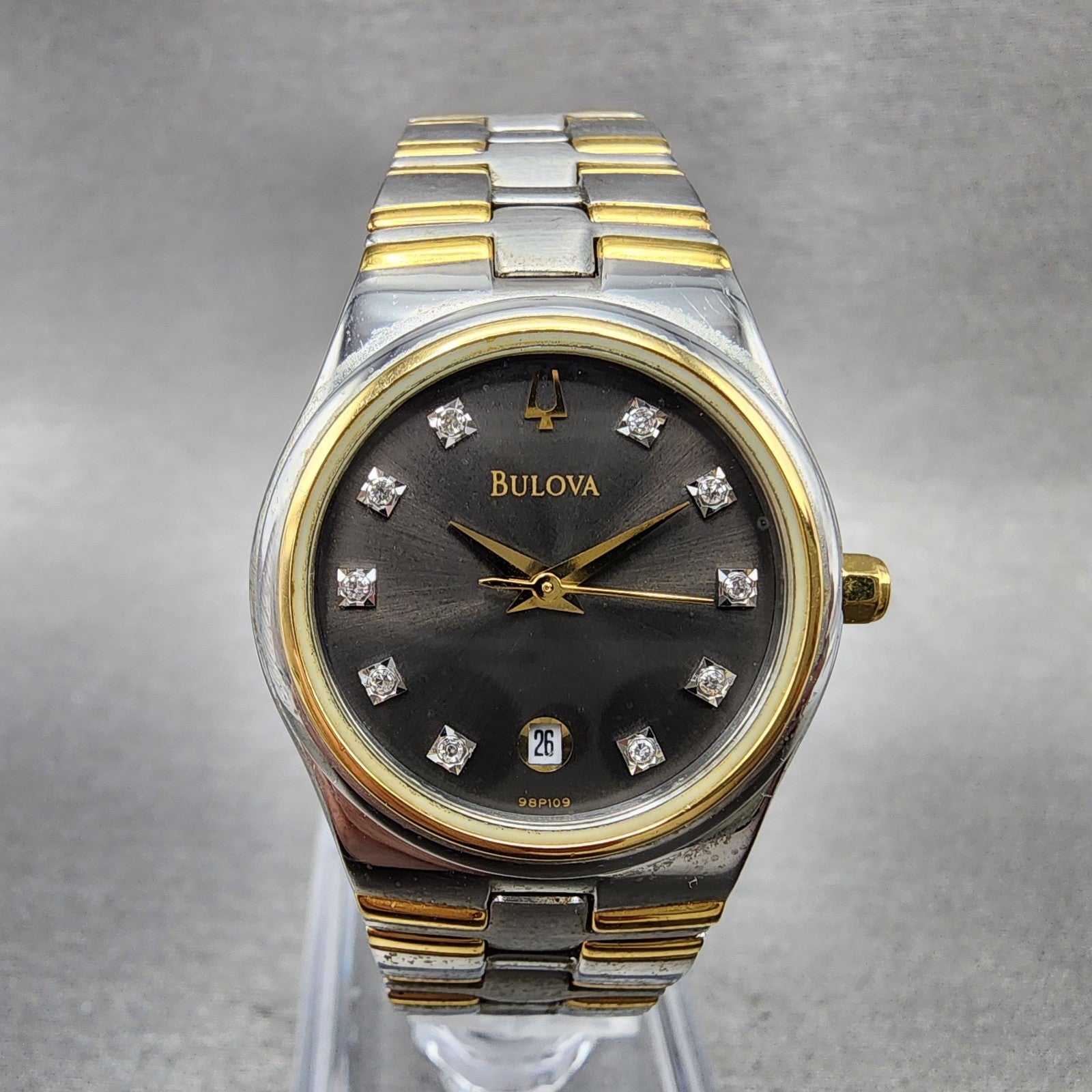 Bulova Watch Women 26mm Black Dial Two Tone Date Round 98P109 New Battery0