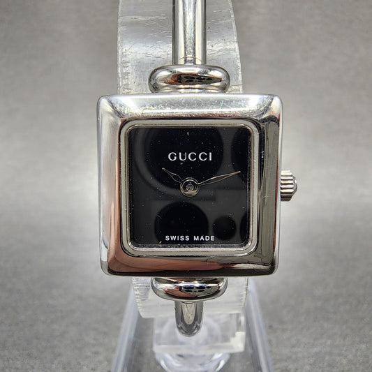 Gucci 1900L Watch Women 19mm Black Dial Silver Tone Square Bangle New Battery0