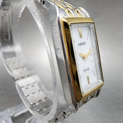 Seiko Solar Tank Watch Women 16mm White Dial Two Tone Rectangle V1160AA0 Runs3