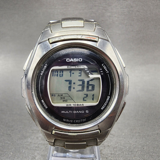 Casio Waveceptor Watch Men 45mm Digital Silver Tone Round Alarm Chrono WVM1200